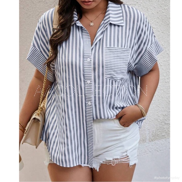 Classic Elegant Plus Size Stripe Short Sleeve Button Down Shirt Blouse Top - Picture 7 of 8